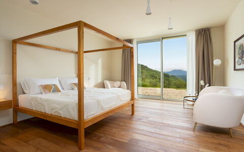 Villa Krisztina 10: Furniture, Bed, Bedroom, Interior Design, Wood, Floor, Flooring, Bedding, Bed Sheet, Linens