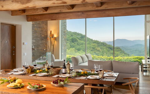Villa Krisztina 10: Furniture, Interior Design, Table, Chair, Flooring, Wood, Kitchen & Dining Room Table, Dining Room, Floor, Ceiling