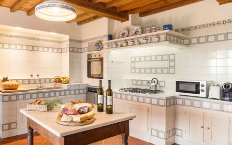 Casale Ombrone 11: Kitchen, Flooring, Interior Design, Furniture, Cabinetry, Floor, Countertop, Home, Kitchen Appliance, Room