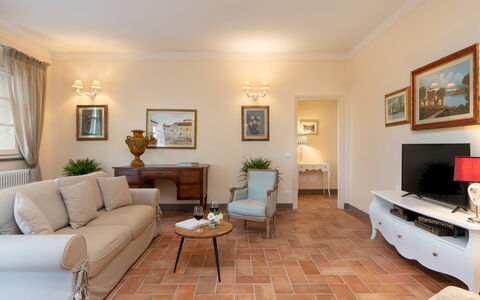 Villa Iole 14: Furniture, Interior Design, Flooring, Couch, Floor, Ceiling, Living Room, Room, Table, Lighting