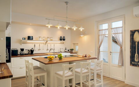 Villa Francesca 10: Furniture, Interior Design, Flooring, Light Fixture, Kitchen, Wood, Floor, Ceiling, Countertop, Chair