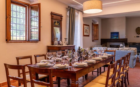 Podere Sant'Eugenio 14: Furniture, Interior Design, Table, Wood, Chair, Flooring, Dining Room, Kitchen & Dining Room Table, Room, Lighting