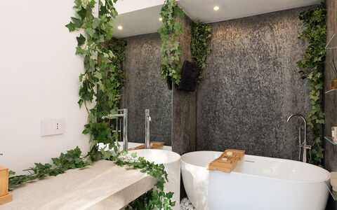 Villa Lunezia 6: Plumbing Fixture, Interior Design, Houseplant, Bathroom, Flowerpot, Natural Material, Tap, Plumbing, Bathtub, Stone Wall