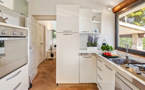 Villa Althaea 6: Kitchen Appliance, Kitchen, Countertop, Major Appliance, Interior Design, Cabinetry, Furniture, Flooring, Home Appliance, Wood