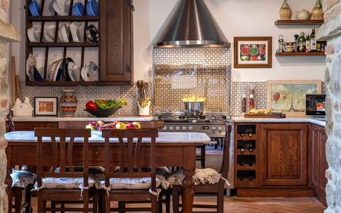 Villa Palazzolo 8: Furniture, Interior Design, Kitchen, Flooring, Wood, Countertop, Cabinetry, Floor, Lighting, Home